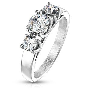 Clear Round CZ Triple Prong Stainless Steel Band